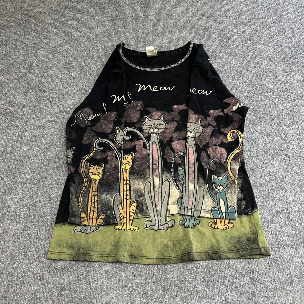 Jess & Jane Top Womens Size M Black Long Sleeve Cat Graphic Meow USA Made Art